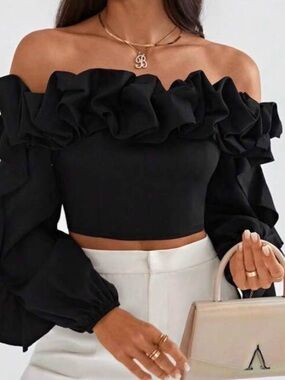 Black Off-Shoulder Ruffle Crop Top - Women